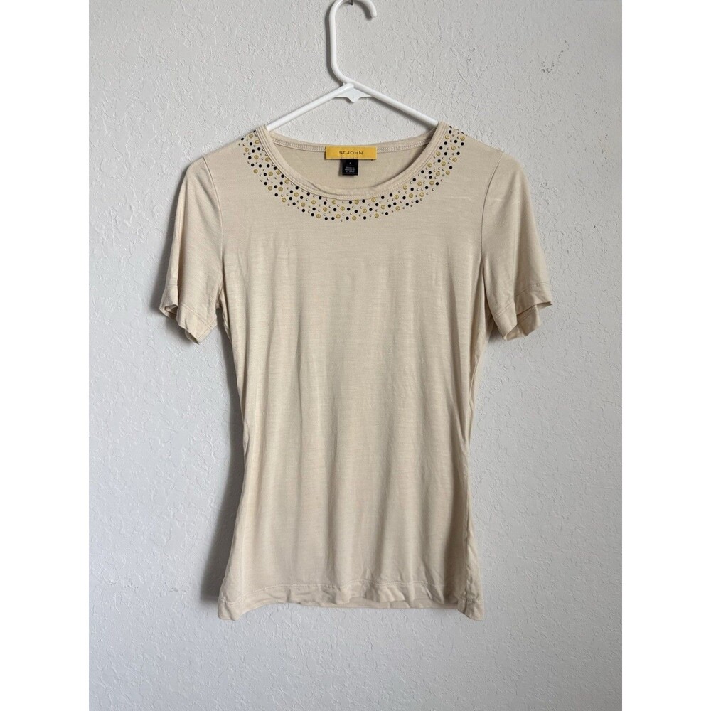 St. John Beige Embellished Short Sleeve Top Women’s Stretch Viscose Made Sz S